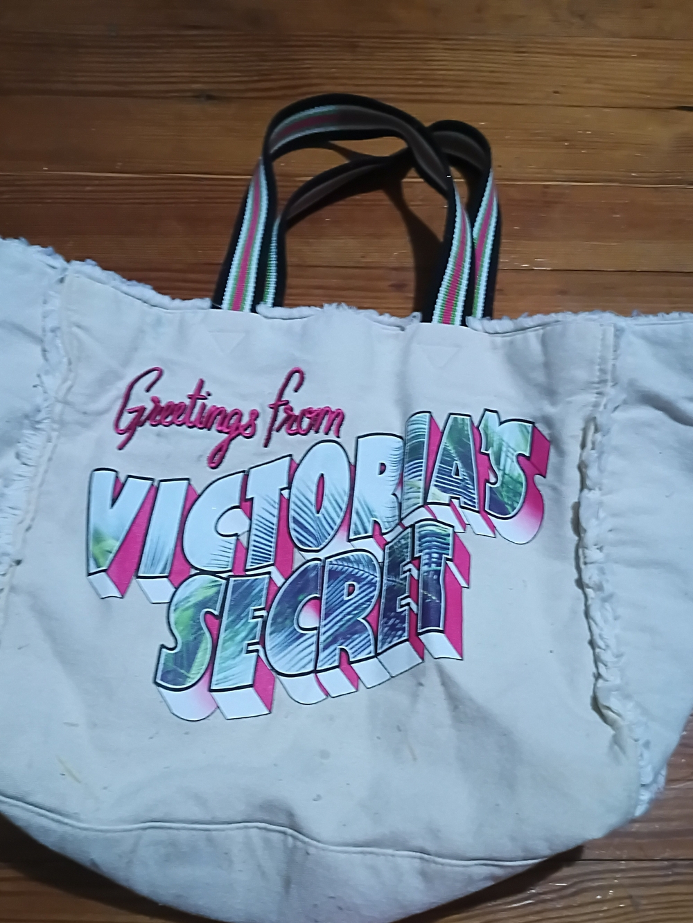 Victoria's Secret White Canvas Tote Bag with Pink Accent